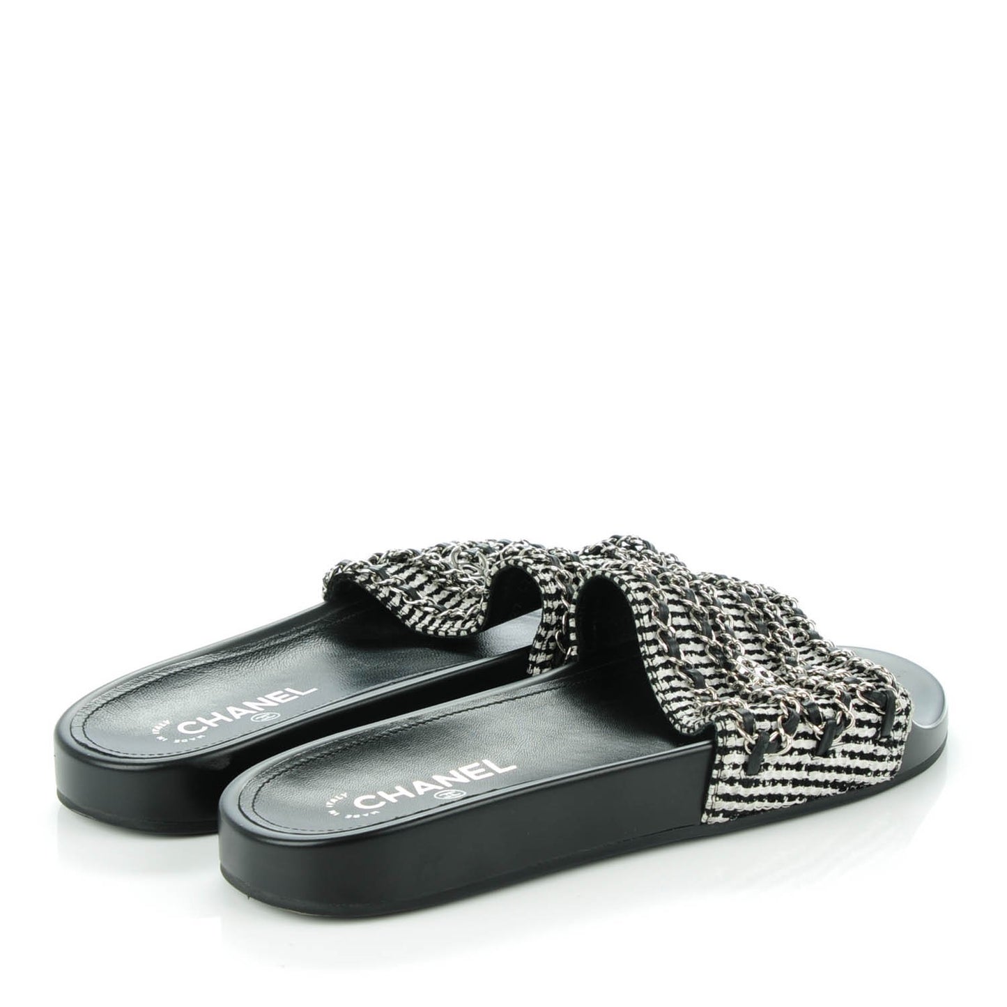 Tweed Lambskin Chain Flat Sandals 42 Black White