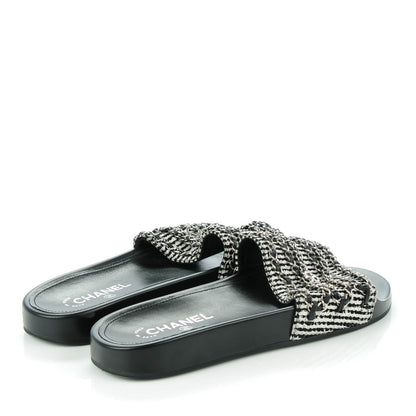 Chanel Tweed Lambskin Chain Flat Sandals 42 Black White 4 of 8