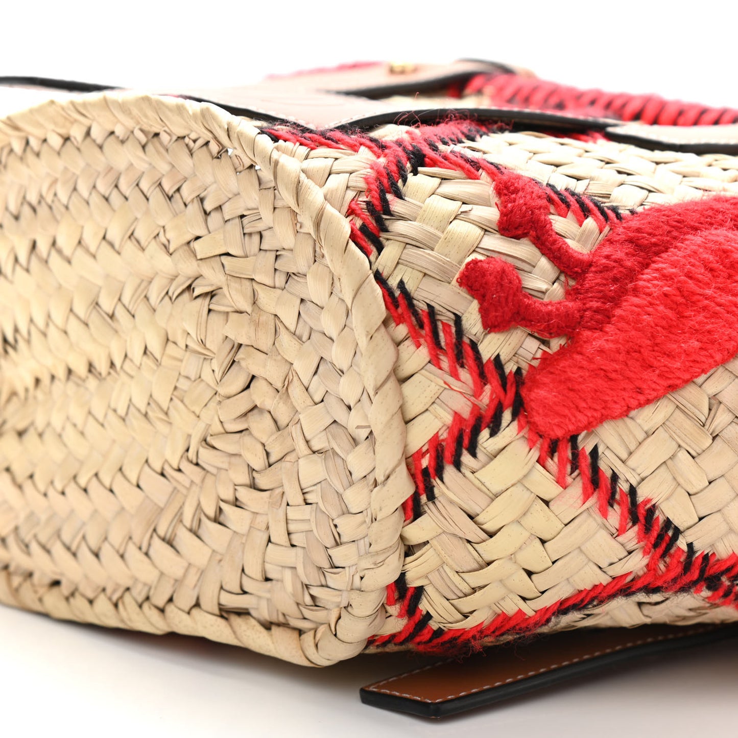Embroidered Raffia Basket Tote Bag Natural Tan Red