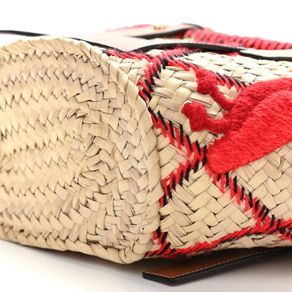 Loewe Embroidered Raffia Basket Tote Bag Natural Tan Red 6 of 12