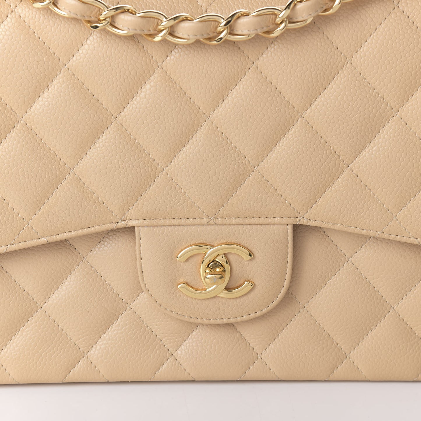 Caviar Quilted Jumbo Double Flap Beige Clair
