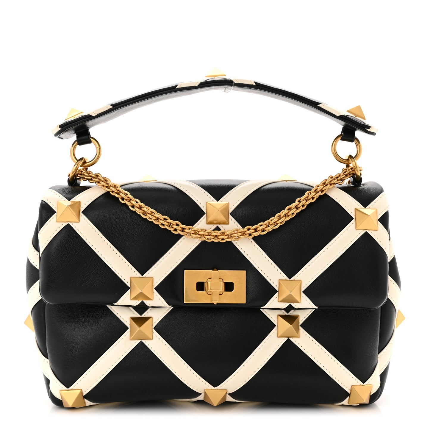 Nappa Large Roman Stud Shoulder Bag Black White