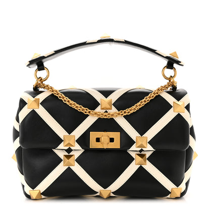Valentino Garavani Nappa Large Roman Stud Shoulder Bag Black White 1 of 9