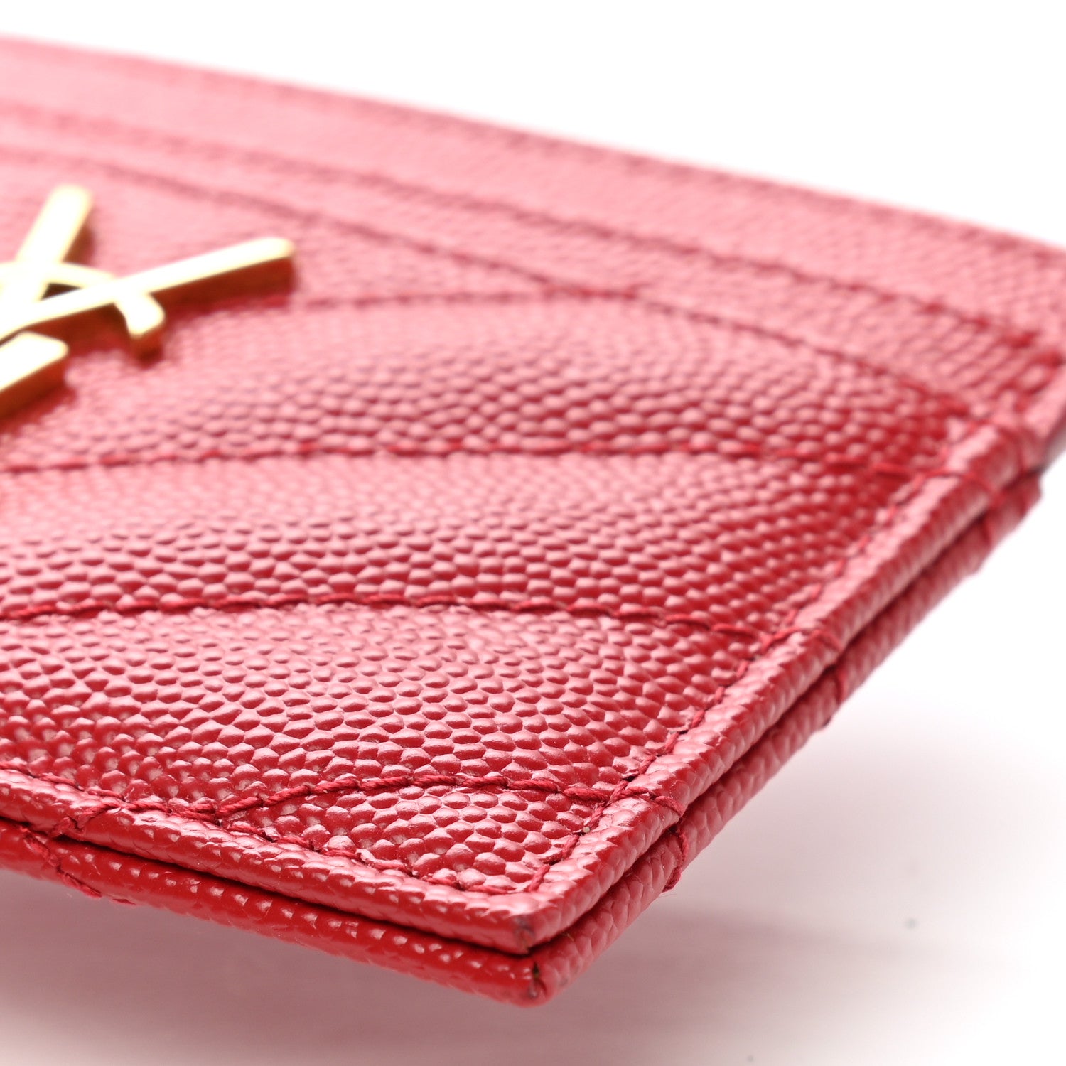 Saint Laurent Grain De Poudre Matelasse Chevron Monogram Credit Card Case Rouge Eros 9 of 10
