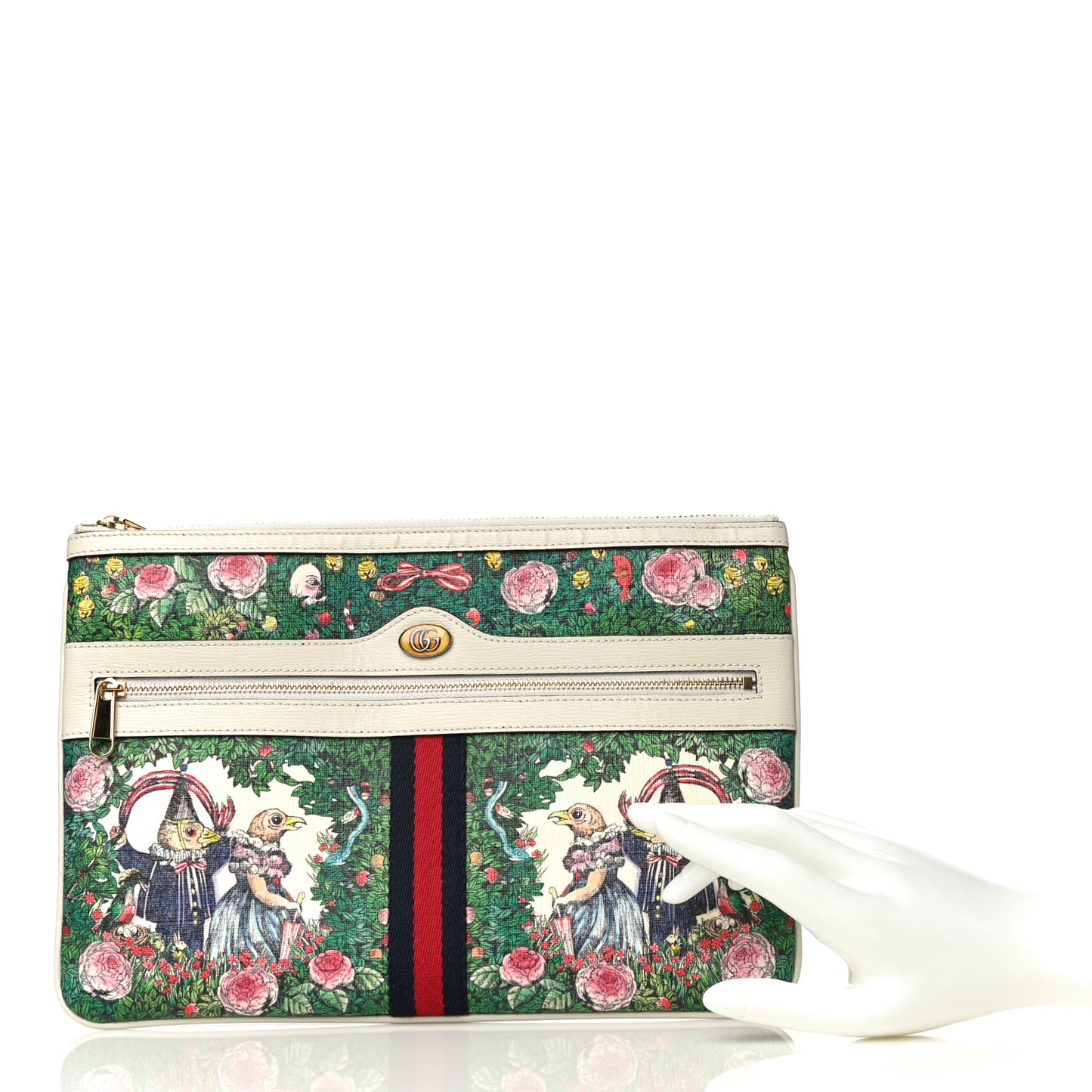 X YUKO HIGUCHI Canvas Calfskin GG Web Yuko Higuchi Print Large Ophidia Pouch Clutch White