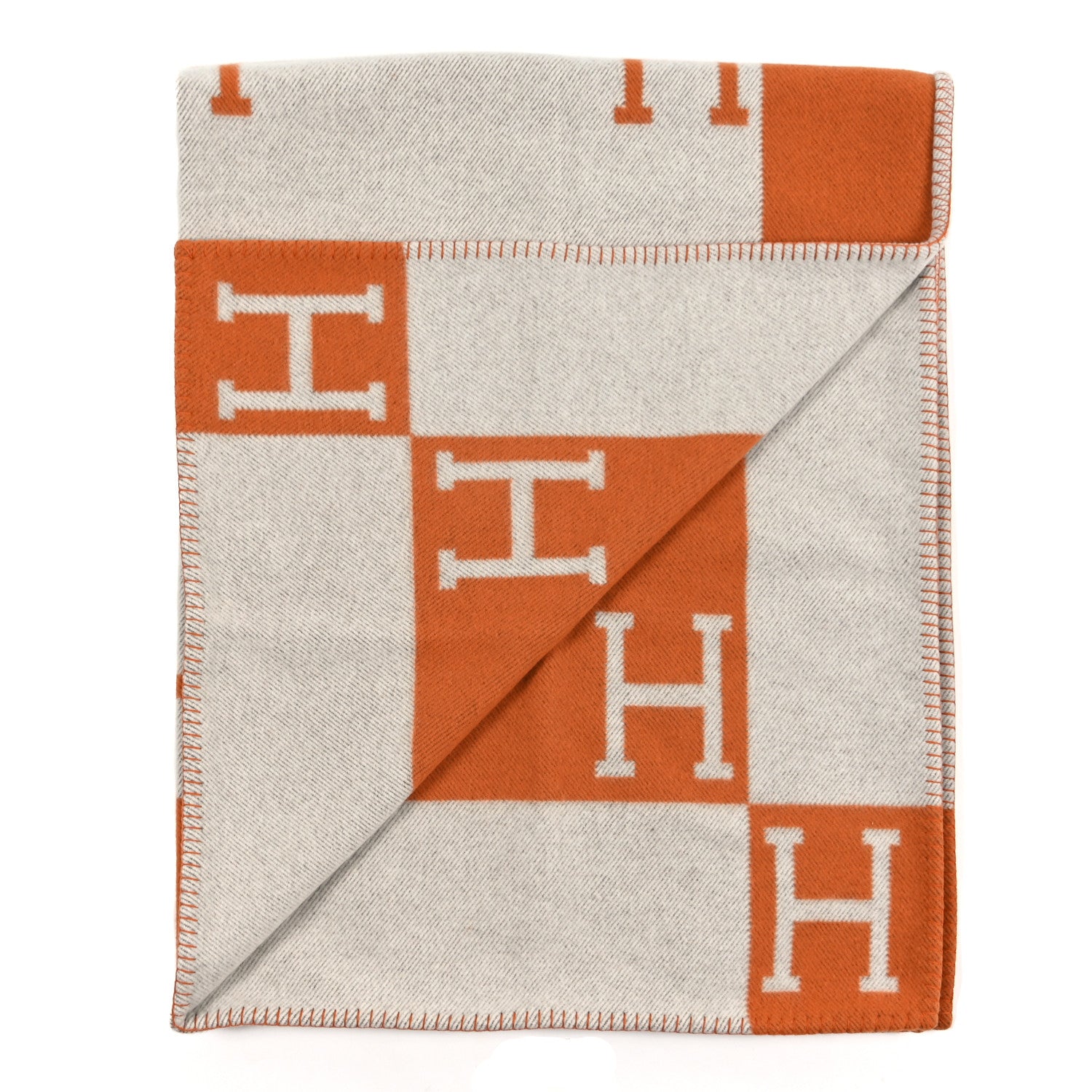 Hermes Wool Cashmere Signature Classic Avalon Blanket Ecru Potiron 2 of 3