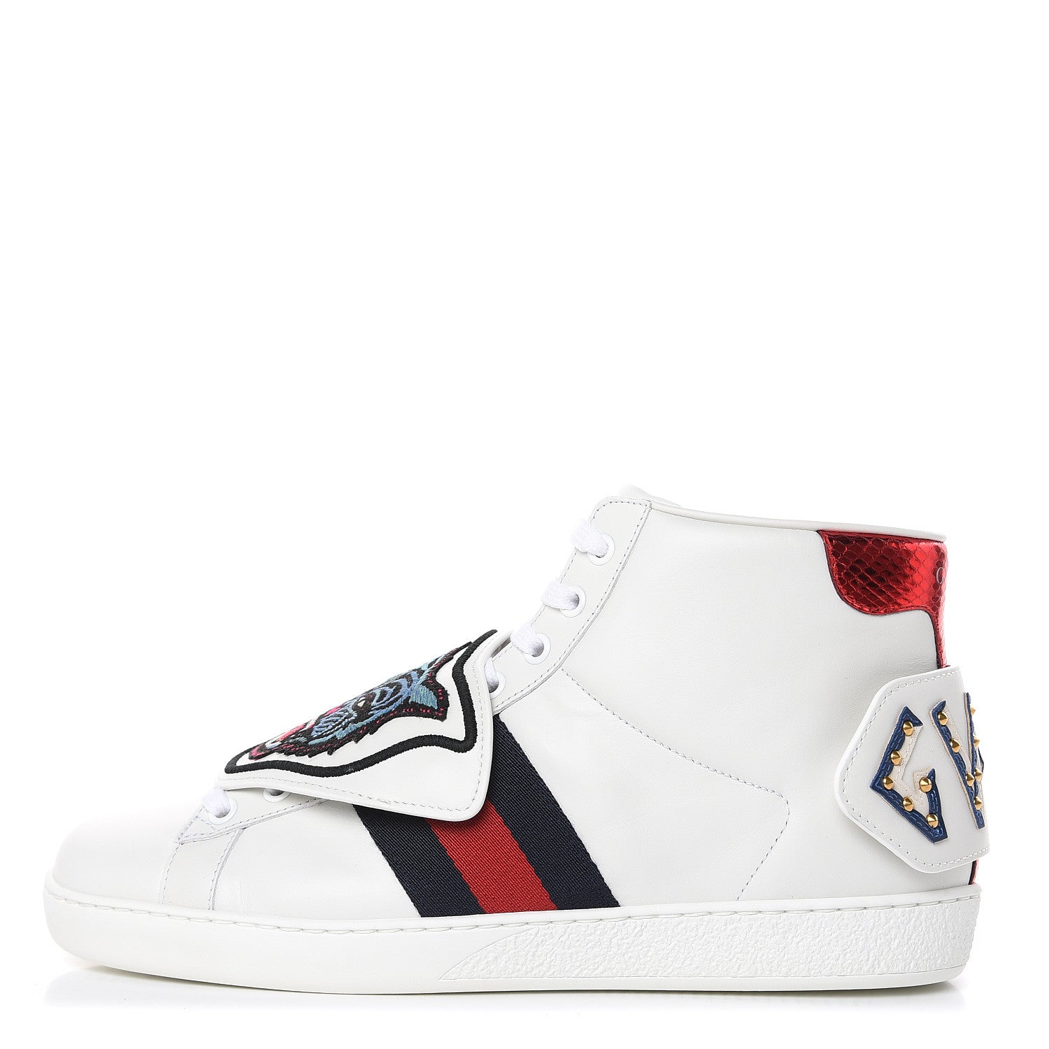 Gucci Calfskin Ayers Embroidered Web Mens Ace Removable Patches High Top Sneakers 6 White 1 of 9