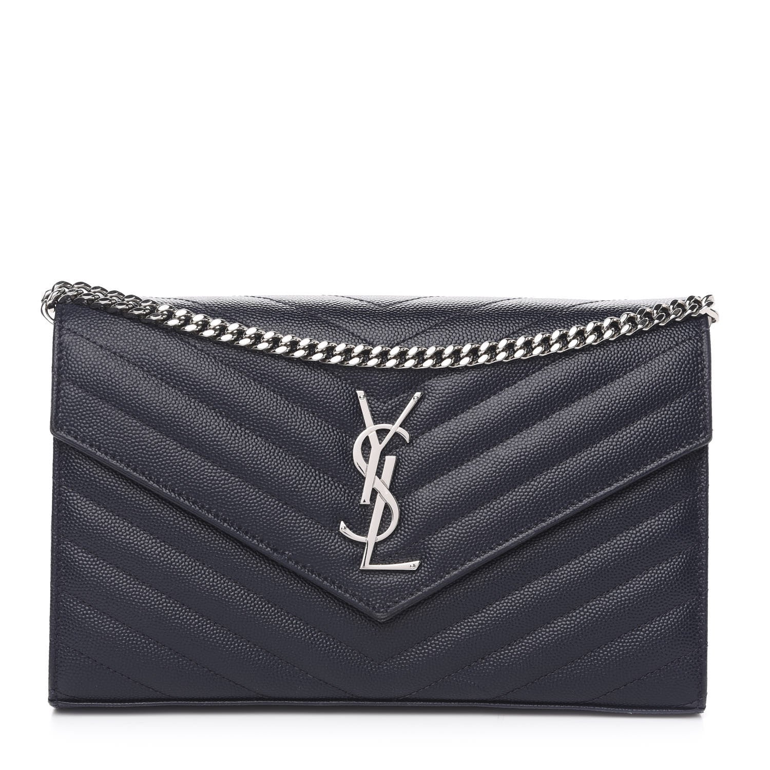 Saint Laurent Grain De Poudre Matelasse Chevron Monogram Chain Wallet Deep Marine 1 of 8
