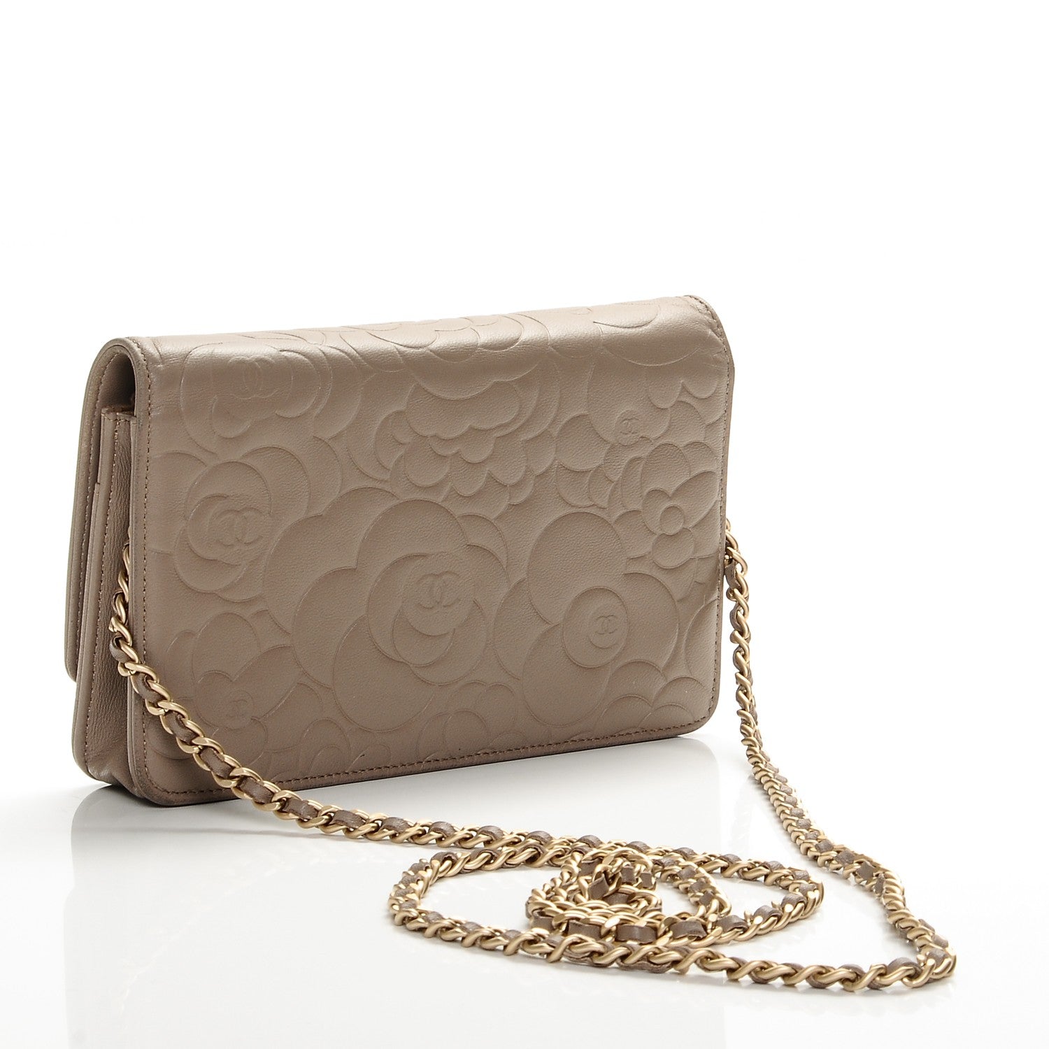Chanel Lambskin Camellia Embossed Wallet on Chain WOC Beige 3 of 8