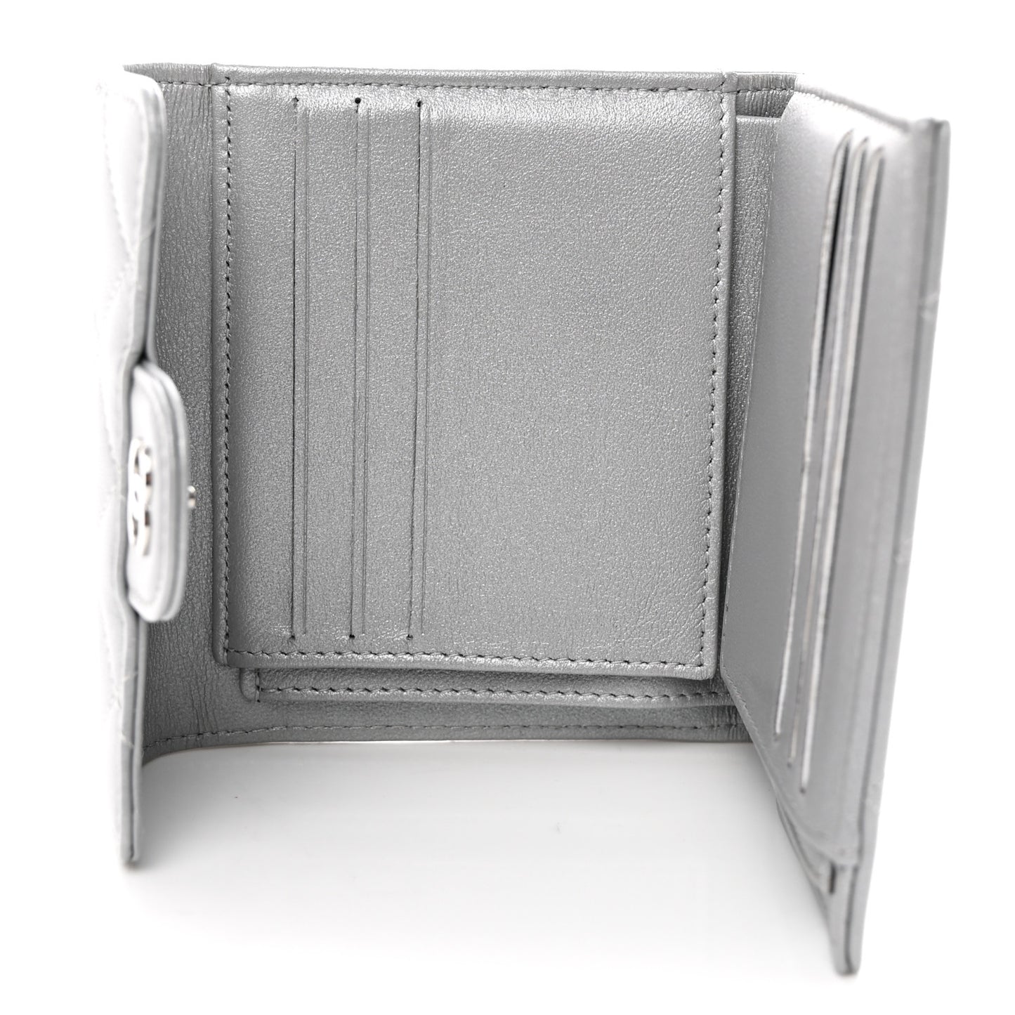 Metallic Lambskin Quilted Compact Flap Wallet Silver
