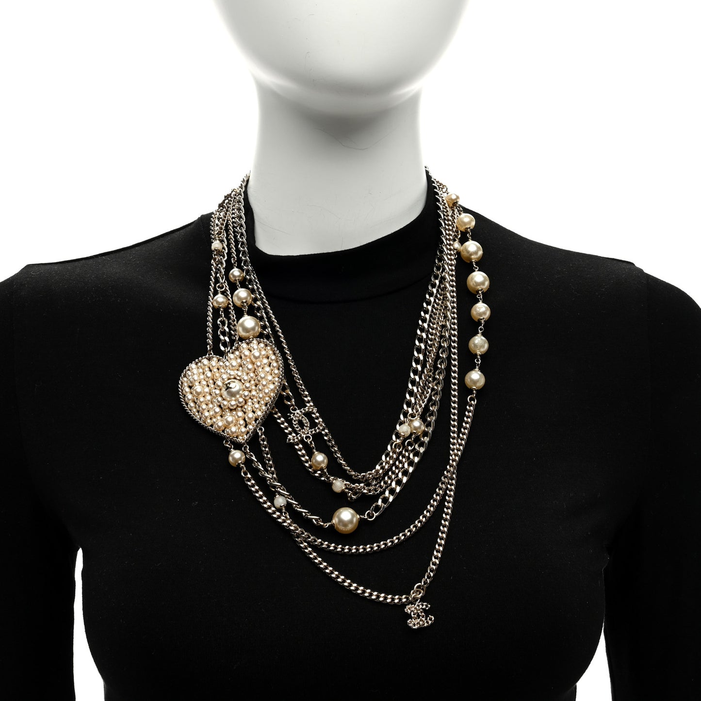 Pearl Crystal CC Heart Multi Strand Necklace Gold