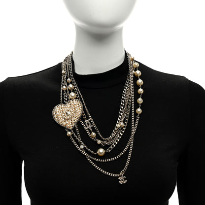 Chanel Pearl Crystal CC Heart Multi Strand Necklace Gold 2 of 5