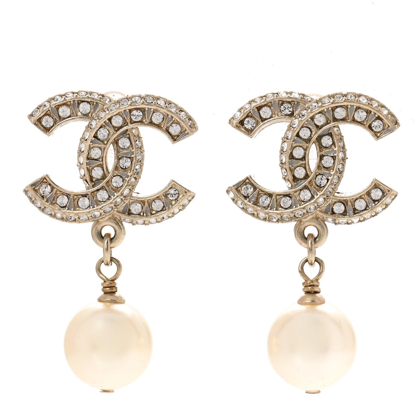 Crystal Pearl CC Drop Earrings Gold