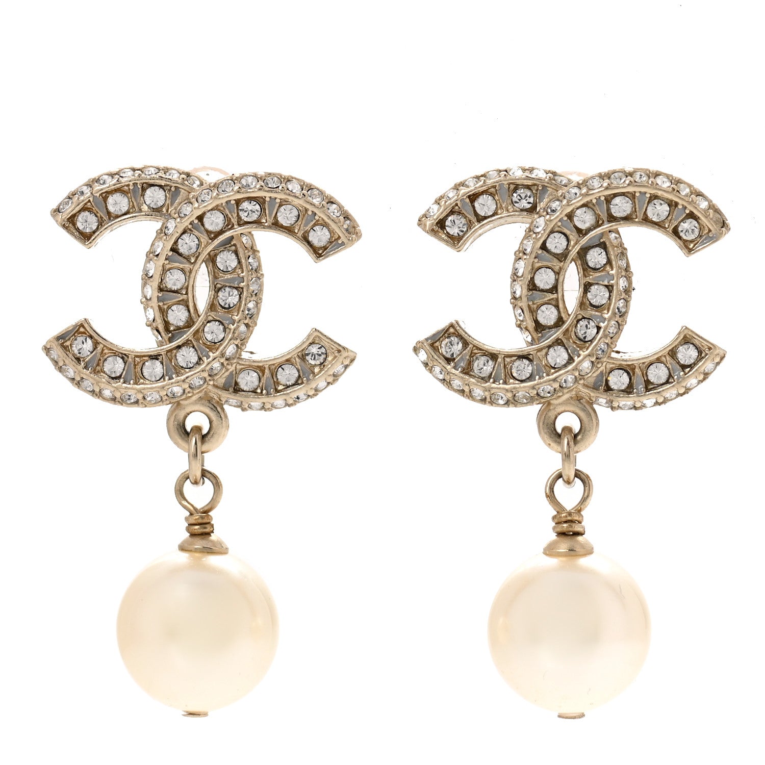 Chanel Crystal Pearl CC Drop Earrings Gold 1 of 5