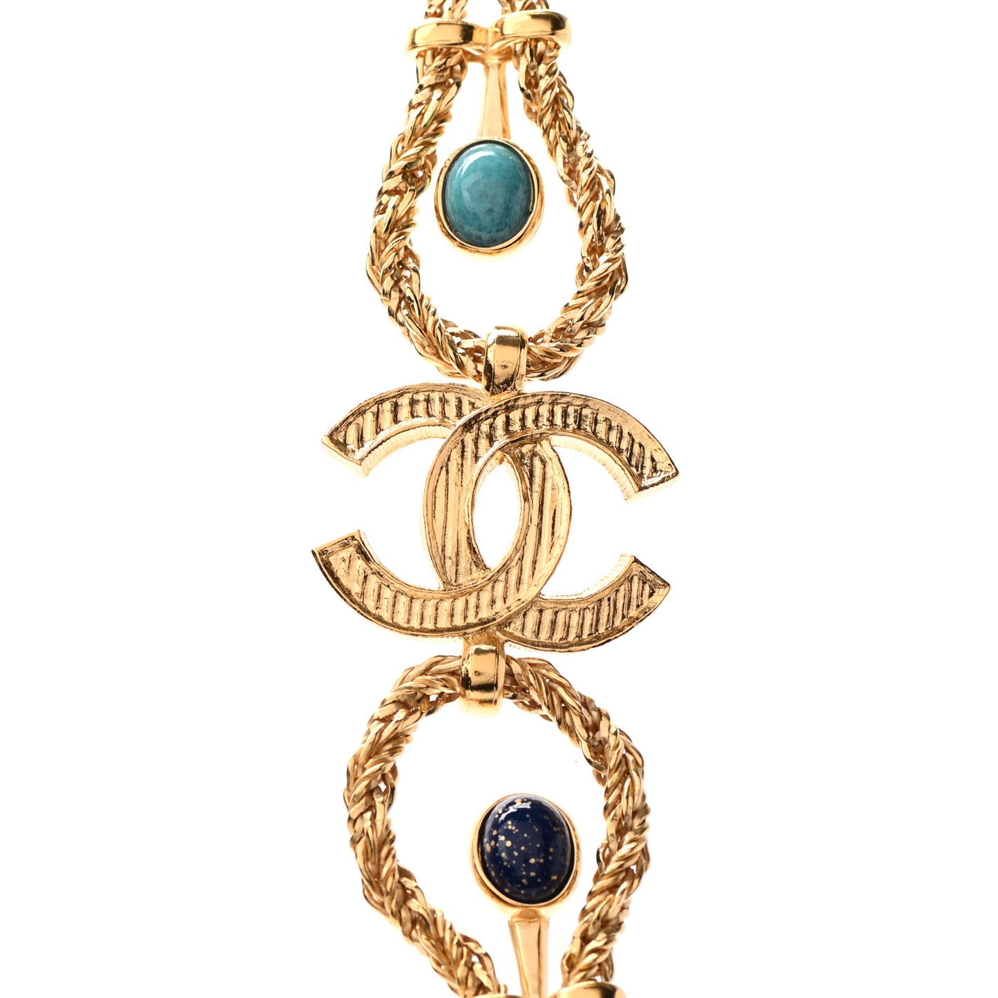 Gripoix Poured Glass Braided CC Long Necklace Gold Green Blue