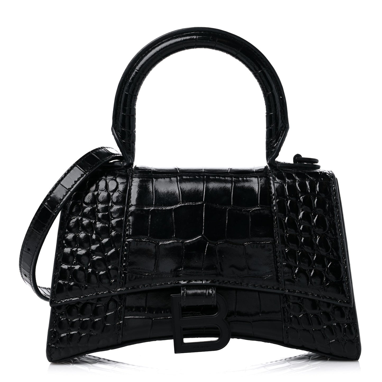 Shiny Calfskin Monochrome Crocodile Embossed Hourglass Top Handle Bag XS Black
