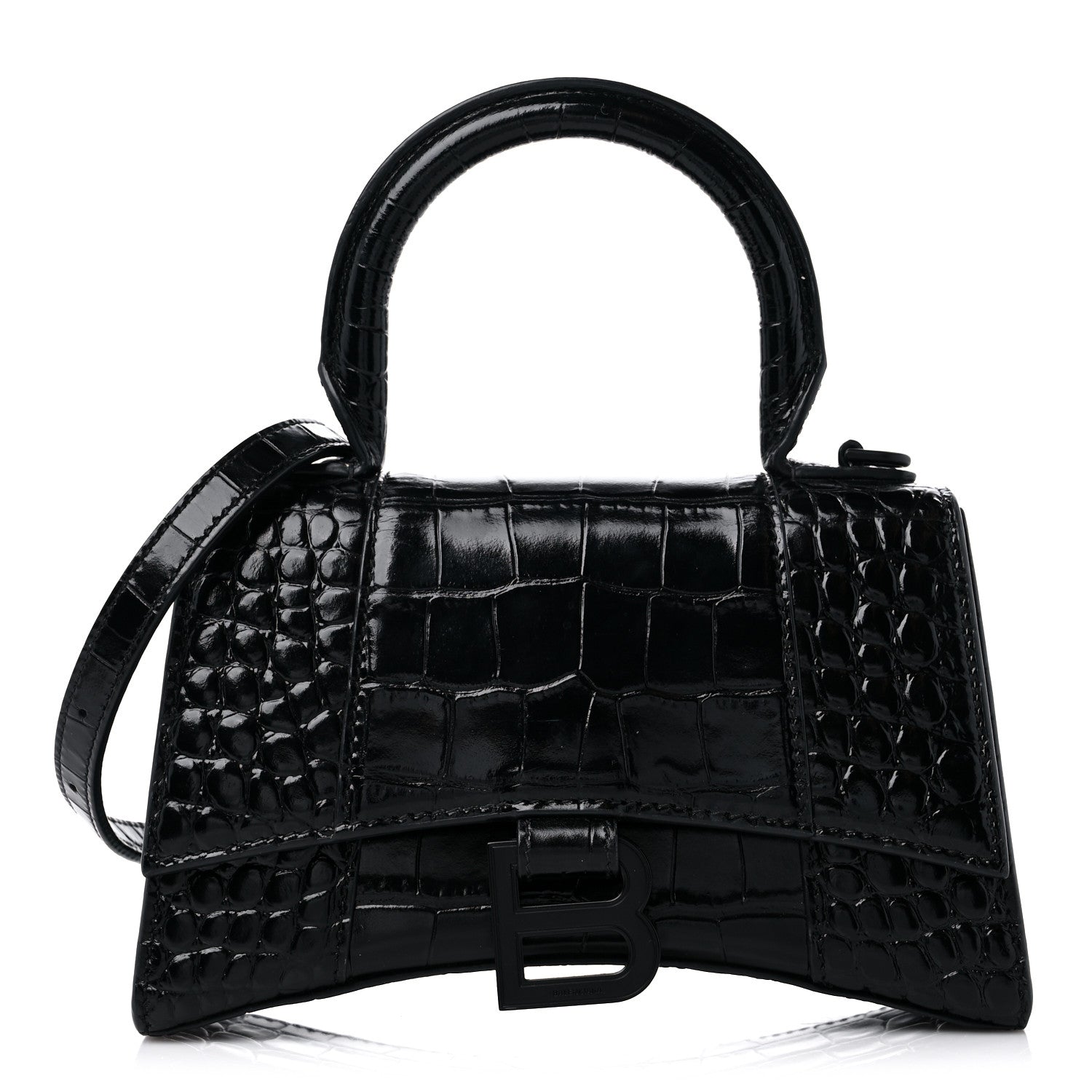 Balenciaga Shiny Calfskin Monochrome Crocodile Embossed Hourglass Top Handle Bag XS Black 1 of 10