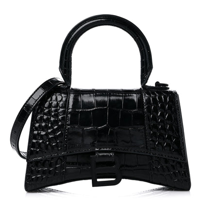 Balenciaga Shiny Calfskin Monochrome Crocodile Embossed Hourglass Top Handle Bag XS Black 1 of 10