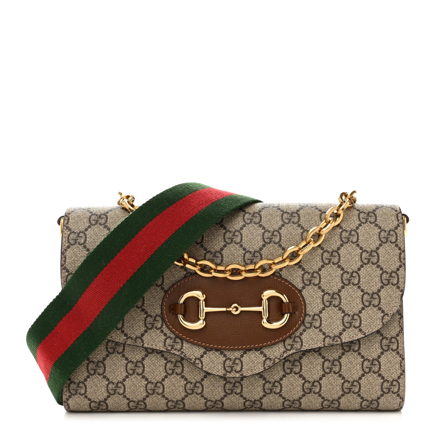 GG Supreme Monogram Azalea Calfskin Web Small Horsebit 1955 Crossbody Bag Beige Ebony Brown Sugar