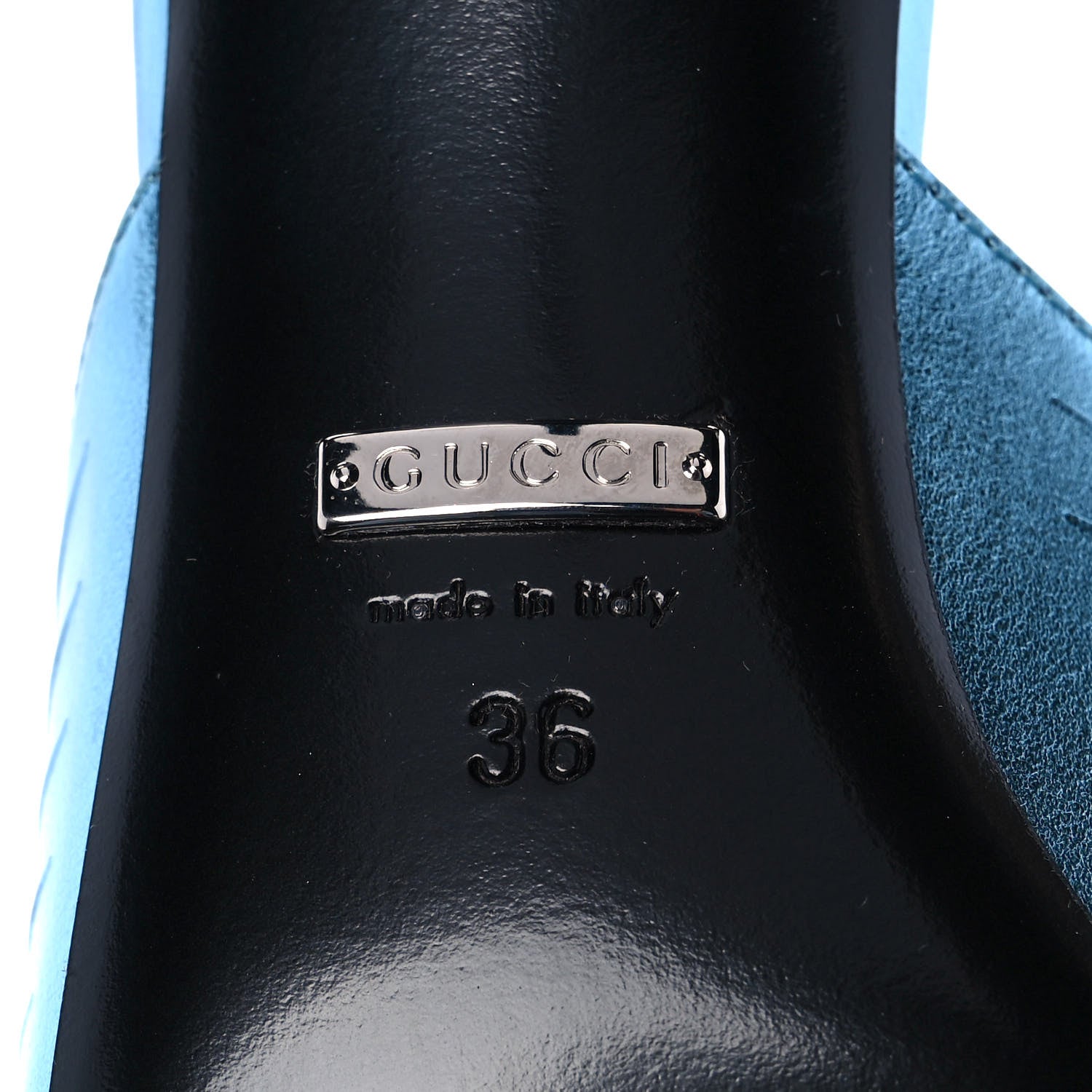 Gucci Metallic Nappa Crawford Knot Mid Heel Slide Sandals 36 Cielo 7 of 10