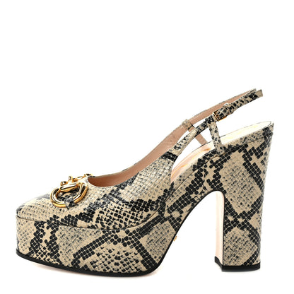 Gucci Calfskin Snakeskin Print Horsebit Platform 35/120mm Slingback Pumps 37.5 Beige Avana 1 of 8