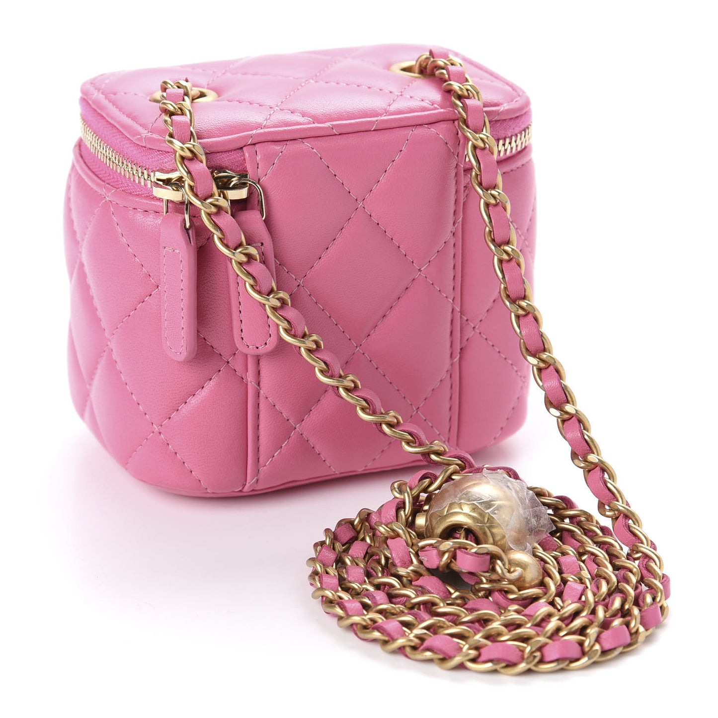 Lambskin Quilted Pearl Crush Mini Vanity Case With Chain Pink