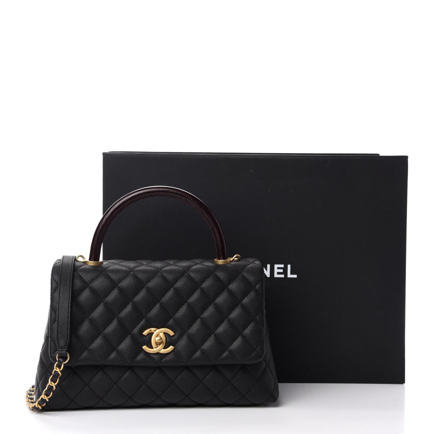 Caviar Lizard Embossed Quilted Small Coco Handle Flap Black