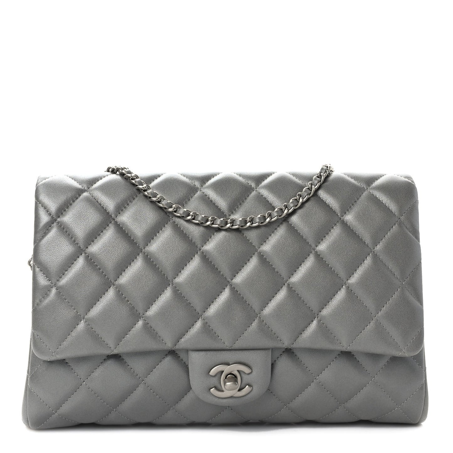 Lambskin Quilted Clutch With Chain Flap Grey