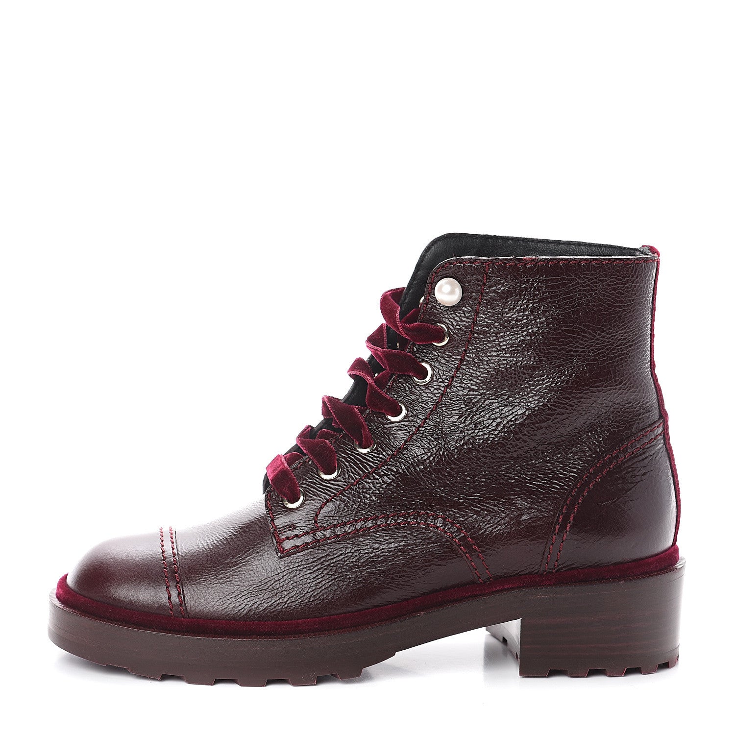 Chanel Calfskin Velvet Pearl Combat Short Boots 39.5 Burgundy 1 of 7