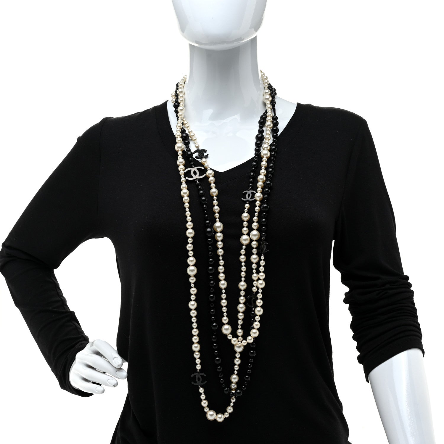 Chanel Pearl Bead CC Long Double Strand Necklace Black White 2 of 4