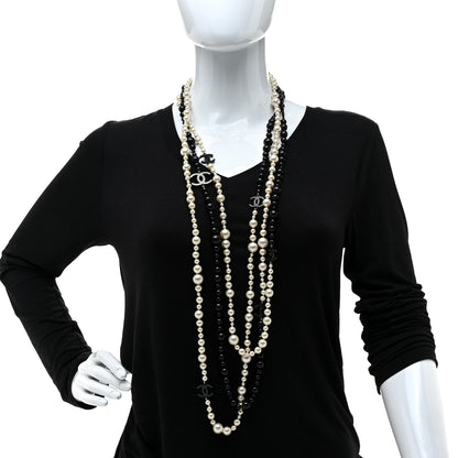 Chanel Pearl Bead CC Long Double Strand Necklace Black White 2 of 4