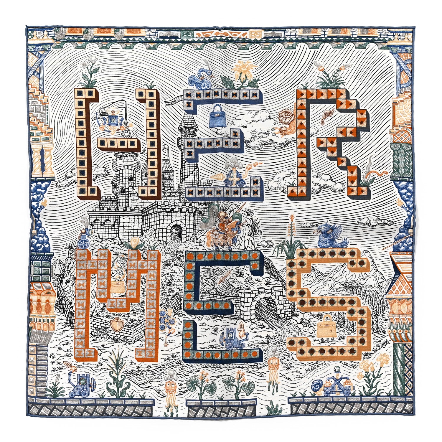 Hermes Silk Twill Super Silk Quest Detail Scarf 45 Bleu Jean Brun Vert 1 of 3