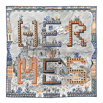 Hermes Silk Twill Super Silk Quest Detail Scarf 45 Bleu Jean Brun Vert 1 of 3