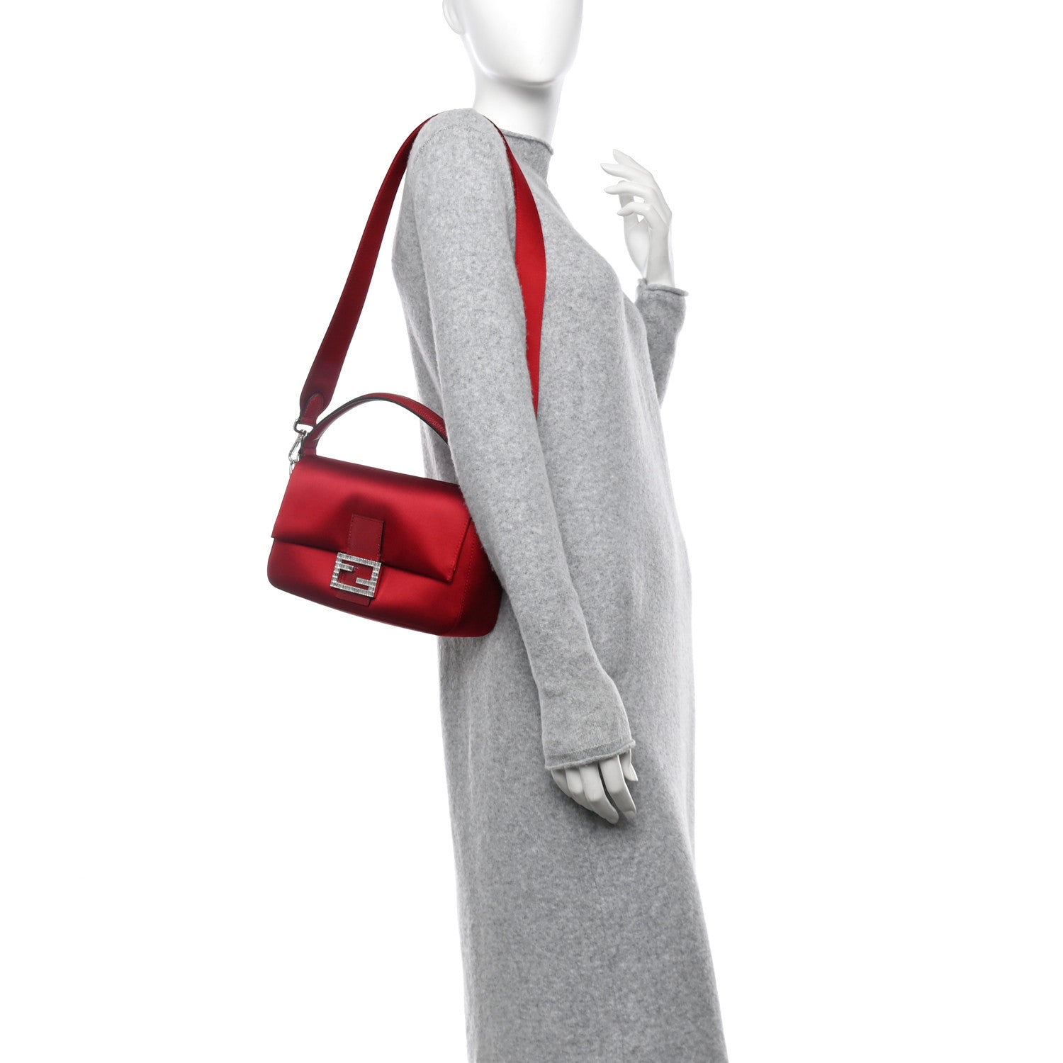 Fendi Satin Karung Crystal Baguette Rosso Scuro 2 of 10