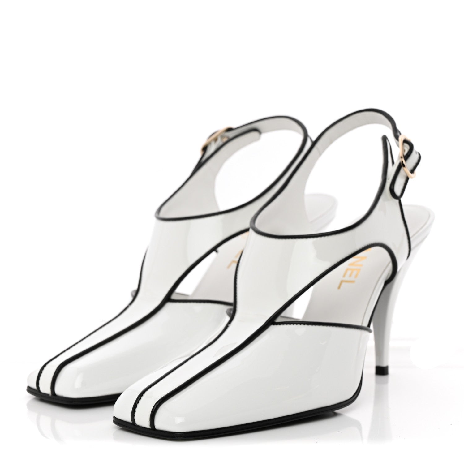 Chanel Patent Calfskin Lambskin Slingback Pumps 38.5 White Black 3 of 10