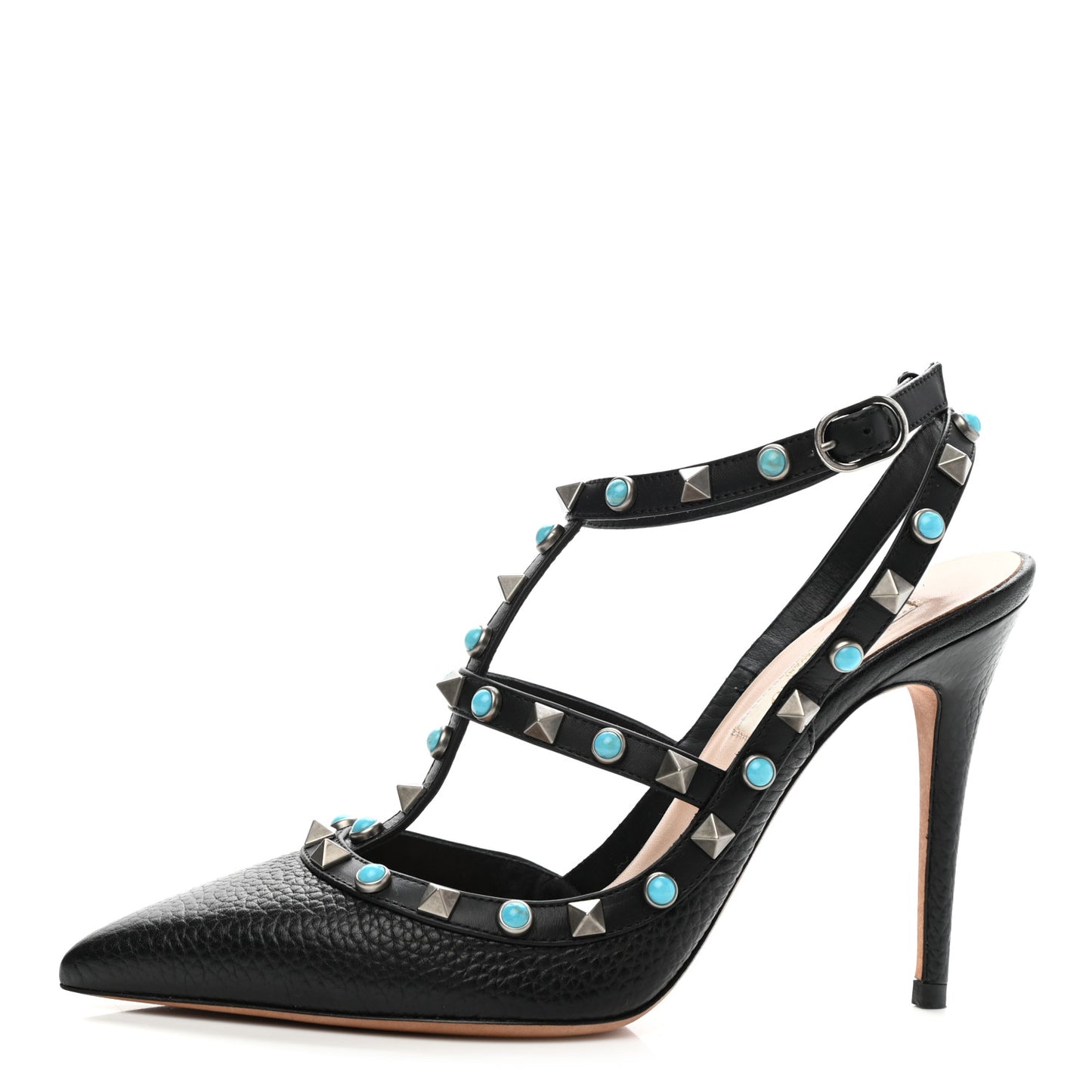 Pebbled Calfskin Turquoise Rockstud Rolling Ankle Strap 100mm Pumps 37 Black