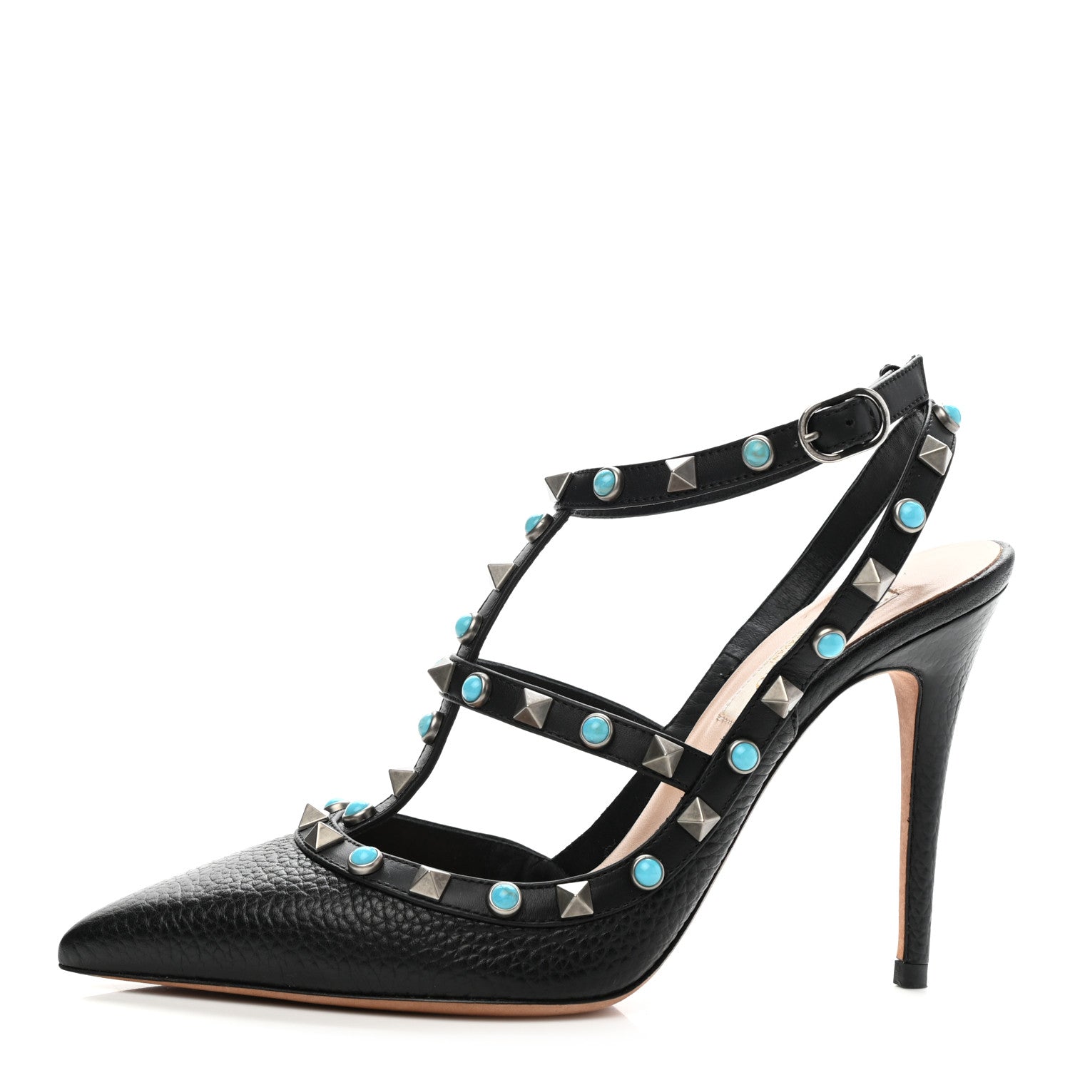Valentino Garavani Pebbled Calfskin Turquoise Rockstud Rolling Ankle Strap 100mm Pumps 37 Black 1 of 8