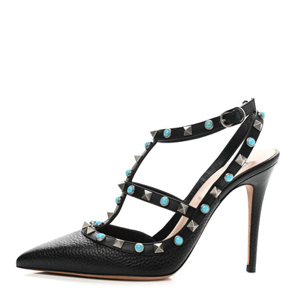 Valentino Garavani Pebbled Calfskin Turquoise Rockstud Rolling Ankle Strap 100mm Pumps 37 Black 1 of 8