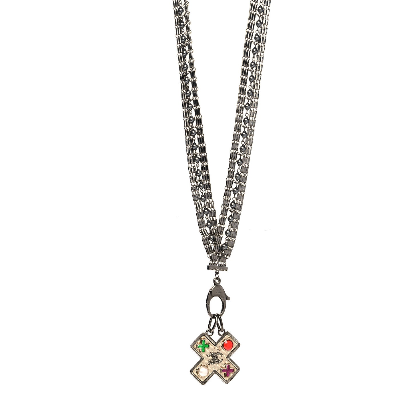 Ruthenium Resin Pearl CC Cross Long Pendant Necklace Multicolor