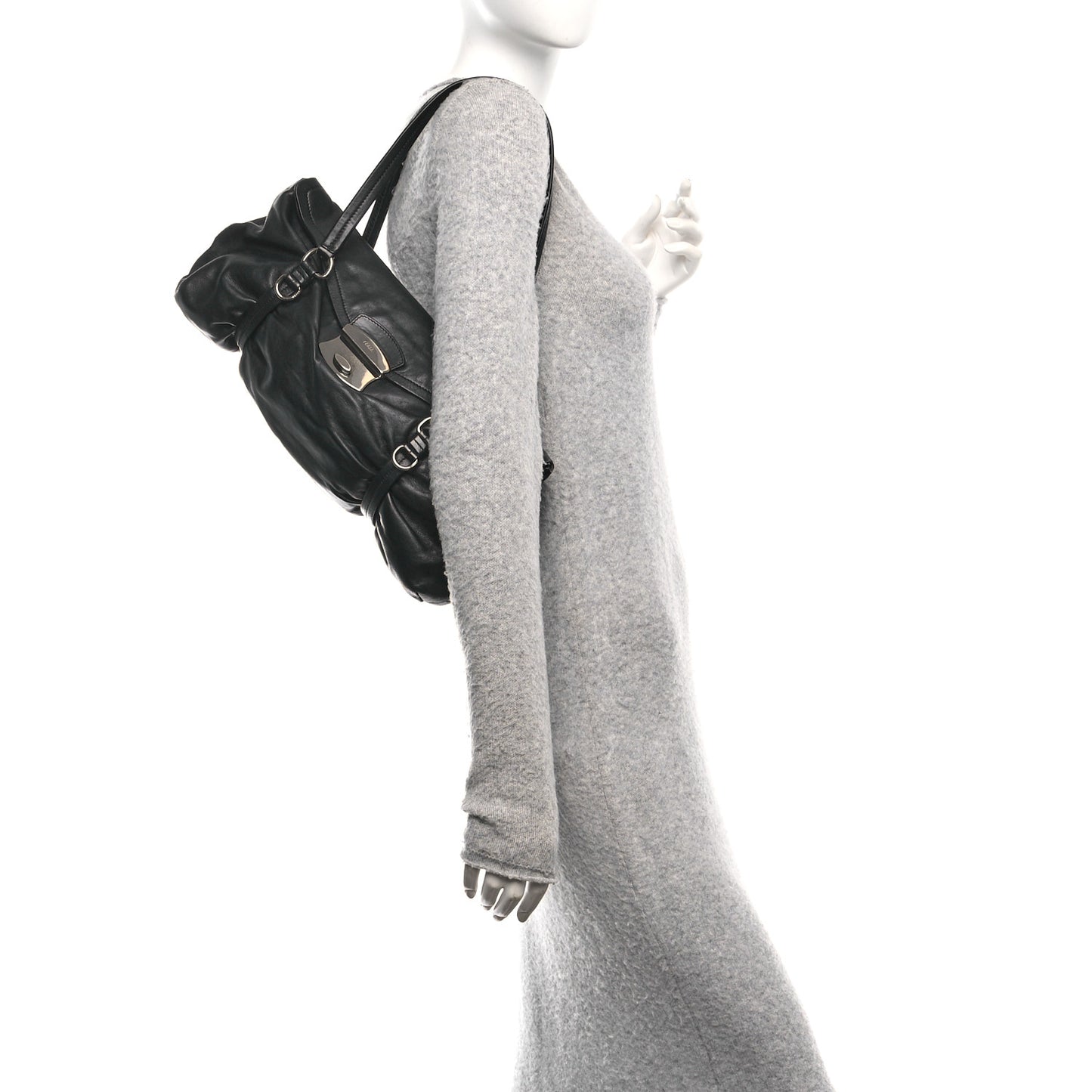Vitello Belt Easy Foldover Pushlock Satchel Black