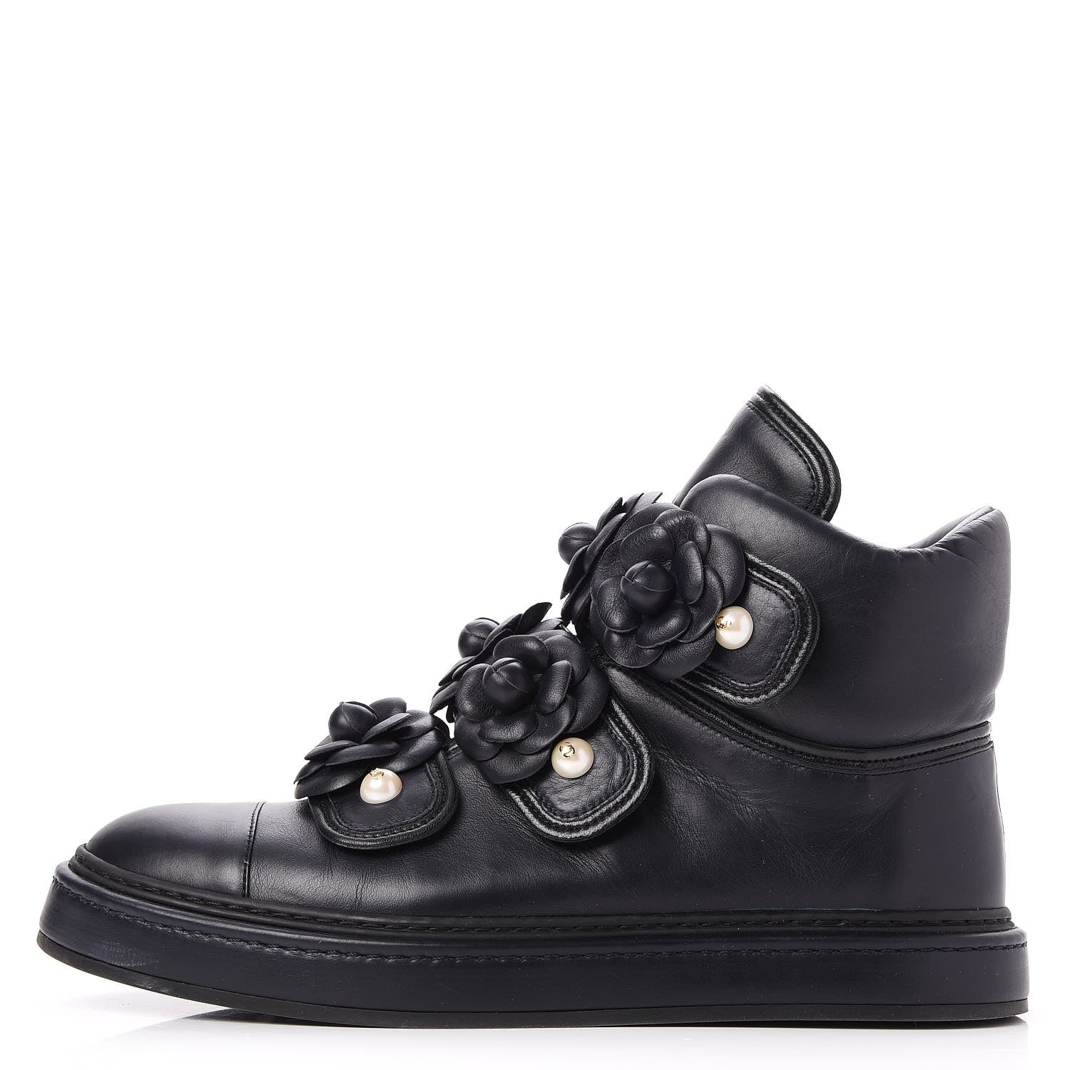 Chanel Calfskin Camellia High Top Sneakers 39.5 Navy 1 of 9