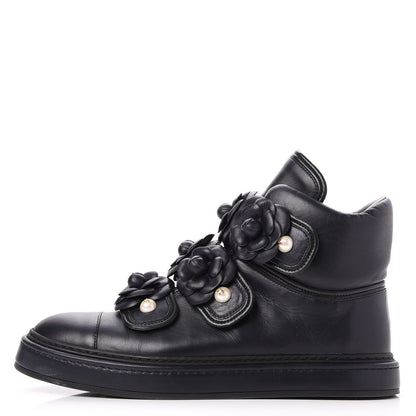Chanel Calfskin Camellia High Top Sneakers 39.5 Navy 1 of 9