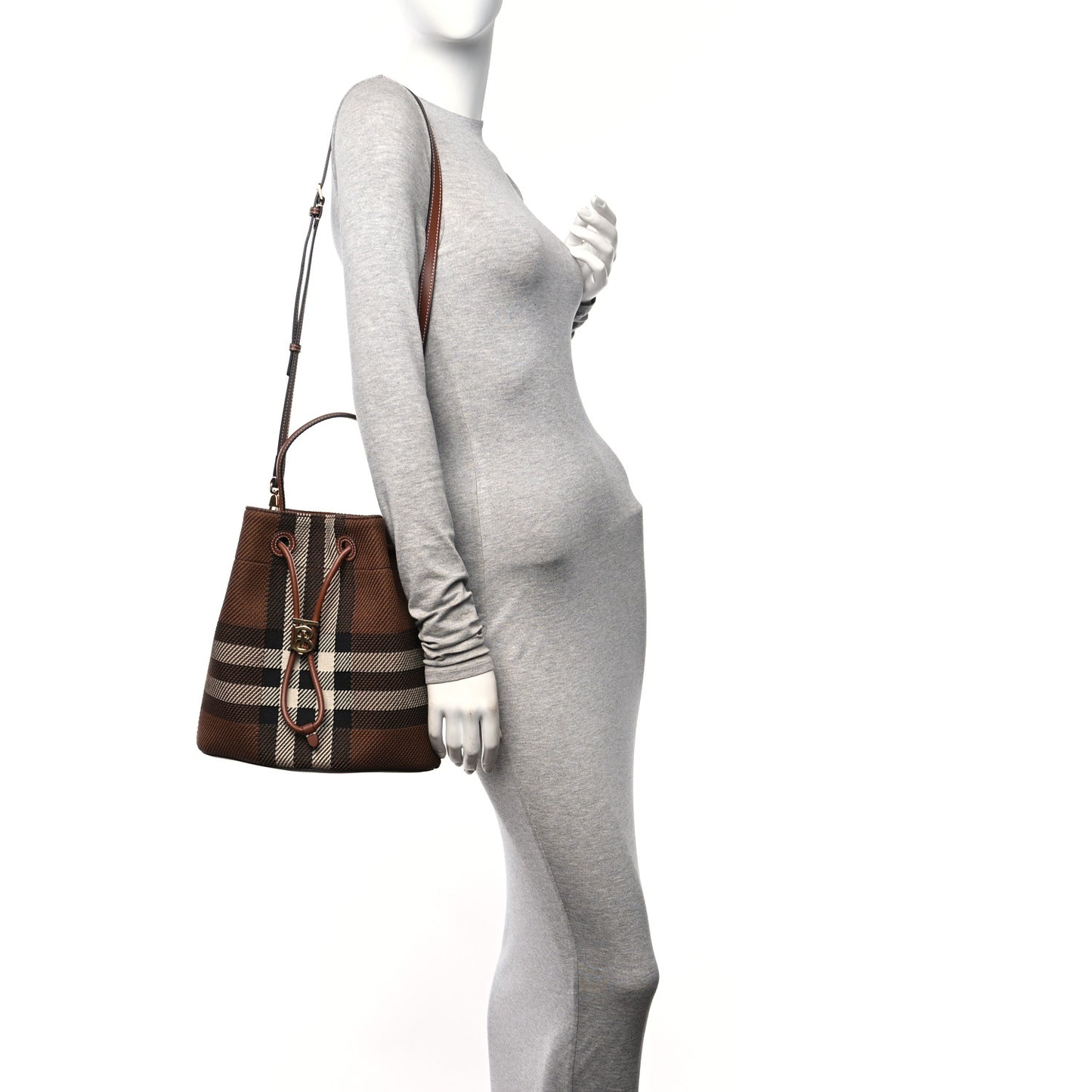 Knitted Check Calfskin TB Small Drawstring Bucket Bag Dark Birch Brown