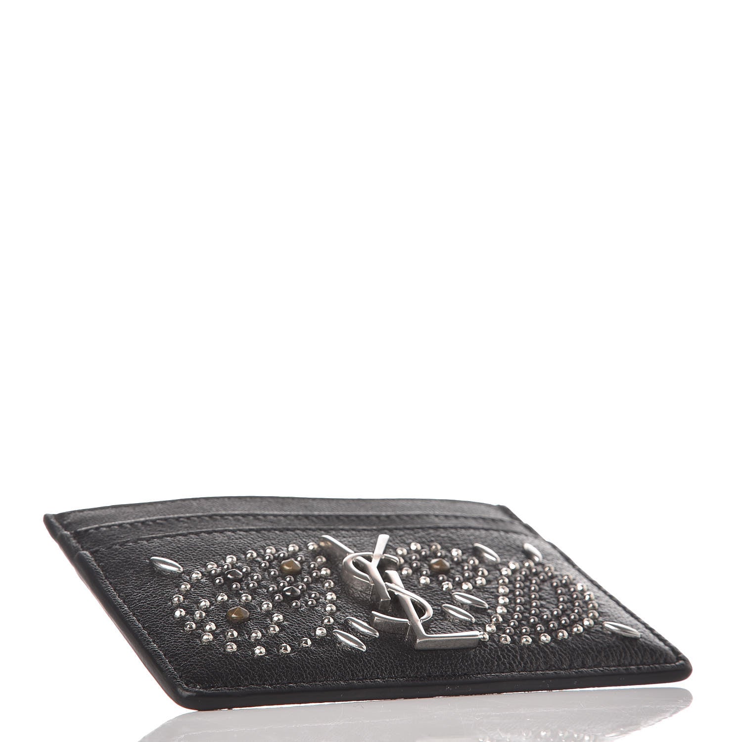 Saint Laurent Calfskin Paisley Studded Monogram Credit Card Case Black 4 of 9