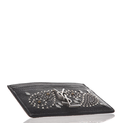 Saint Laurent Calfskin Paisley Studded Monogram Credit Card Case Black 4 of 9
