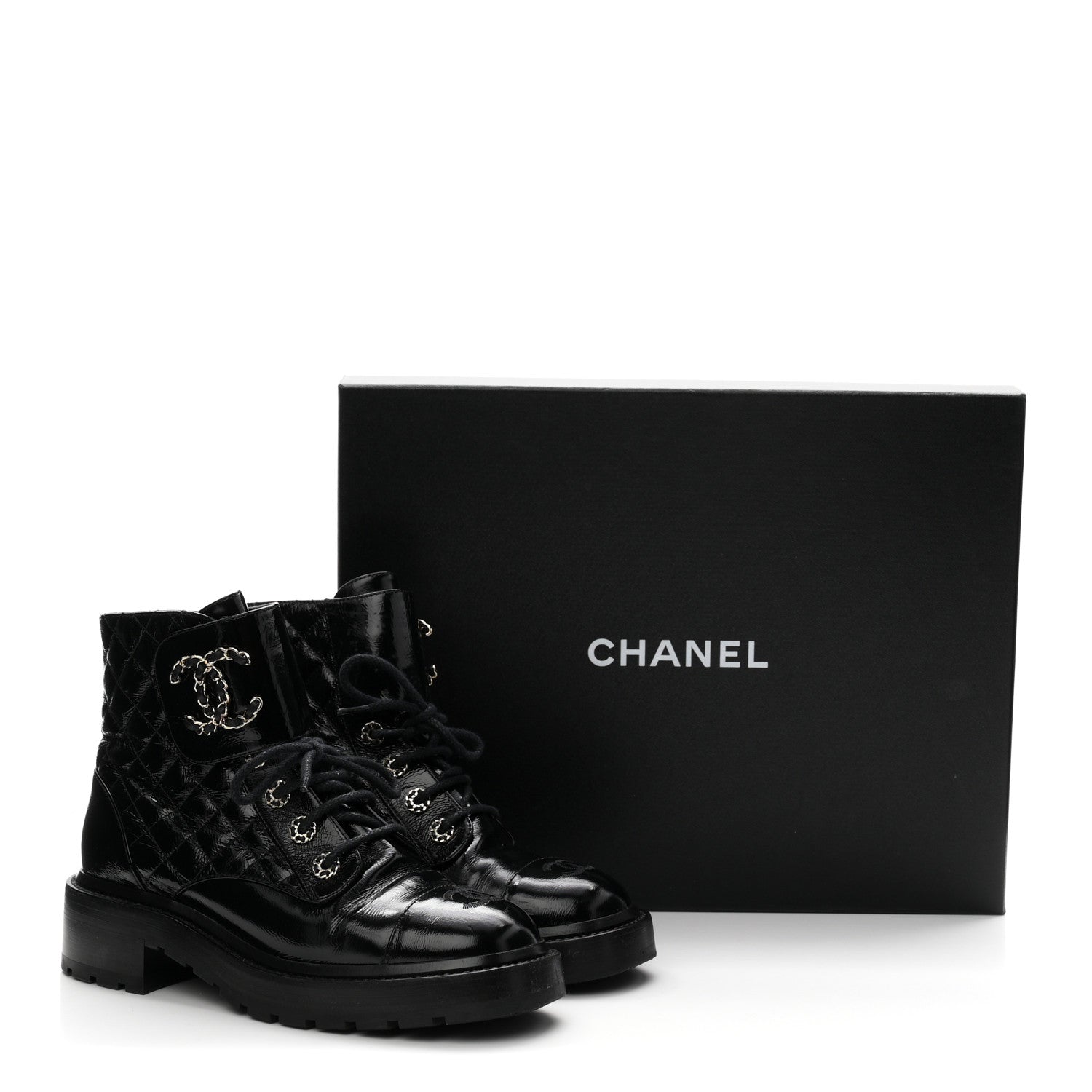Chanel Shiny Lambskin Quilted Lace Up Combat Boots 38 Black