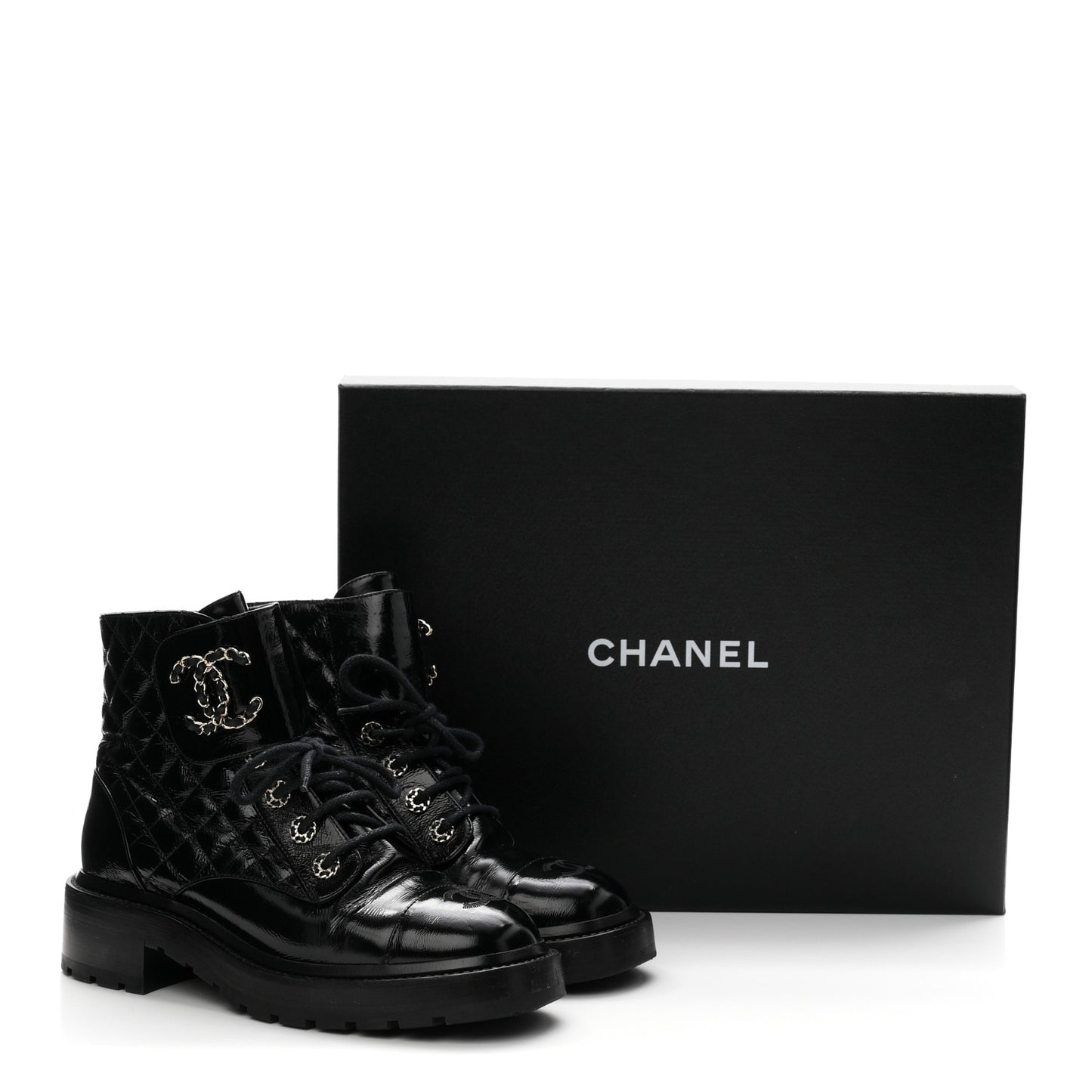 Shiny Lambskin Quilted Lace Up Combat Boots 38 Black