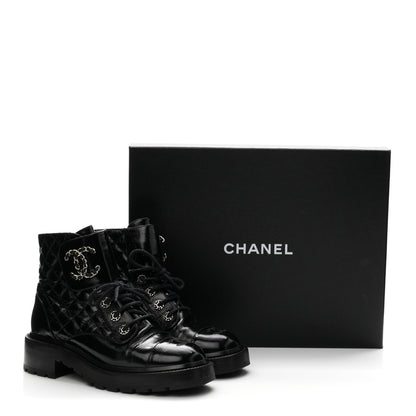 Chanel Shiny Lambskin Quilted Lace Up Combat Boots 38 Black 11 of 11