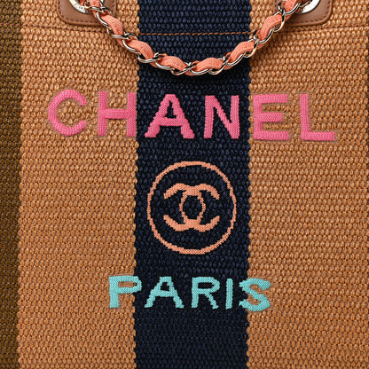 Chanel Straw Raffia Calfskin Striped Large Deauville Tote Khaki Beige Navy Blue 9 of 11