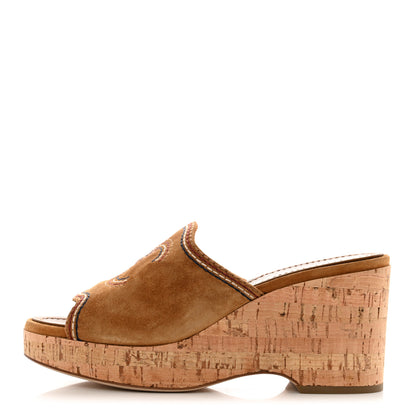 Chanel Suede Calfskin Cork CC Wedge Sandal 36.5 Brown 1 of 8
